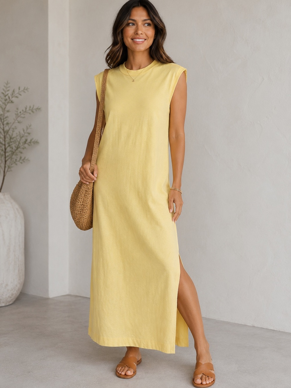 Weekday Yellow Sleeveless Long Cotton Shirt Dress XS